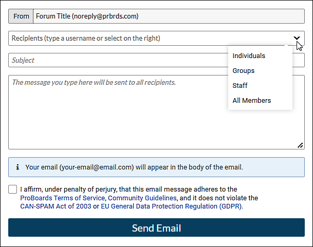 Email members fields and dropdown